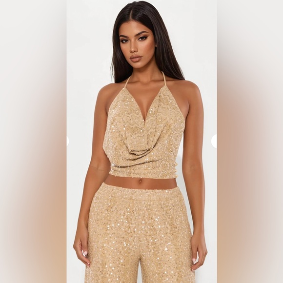 Pearl Tide Crochet halter Wide Leg Set- Tan - Picture 4 of 5